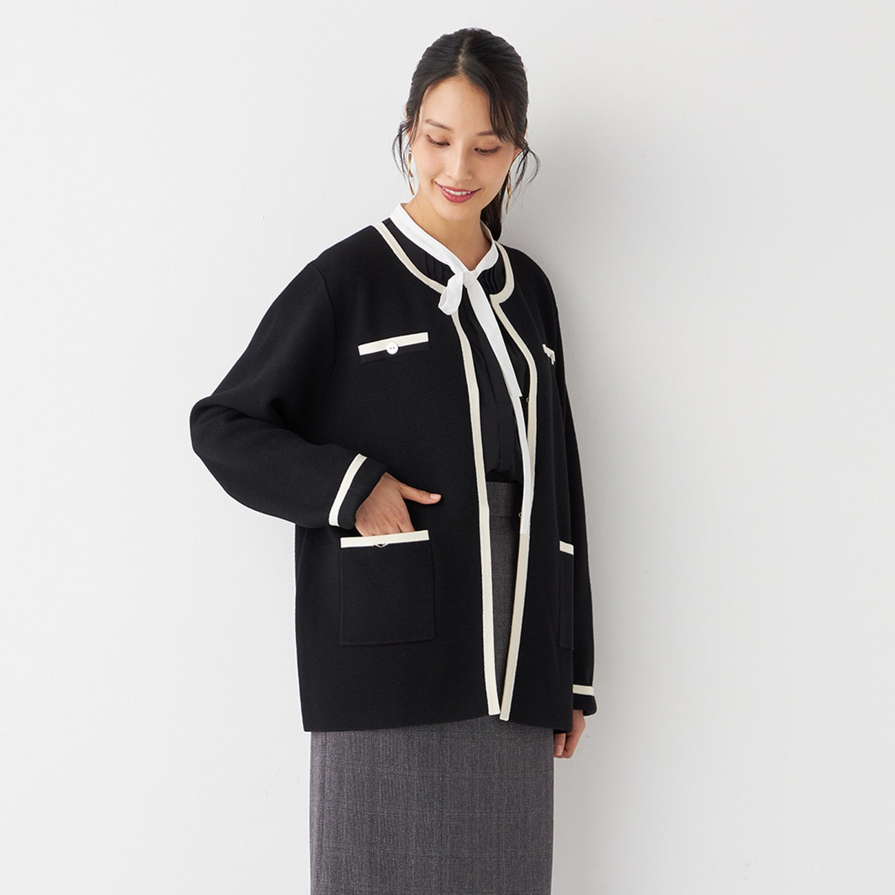 撞色中长款针织外套