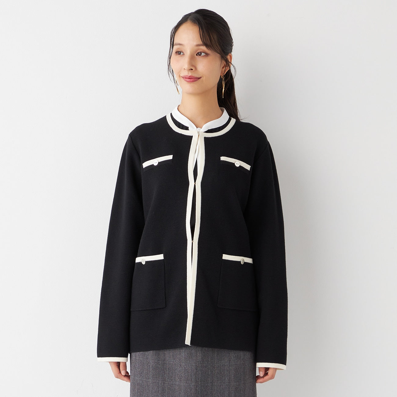 撞色中长款针织外套