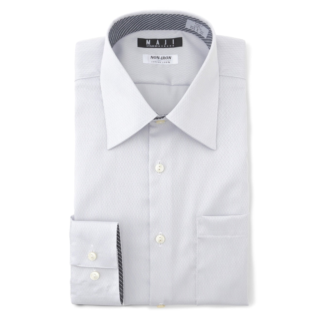 MAJI 免熨烫灰色棉质弹力梭织图案标准领衬衫 - 修身版型